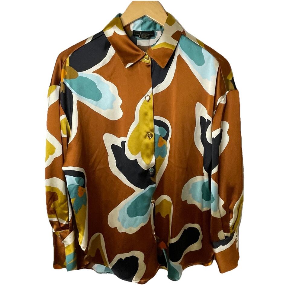 House Of Harlow 60s Mod Long Sleeve Silky Button Up Shirt Abstract Design LRG